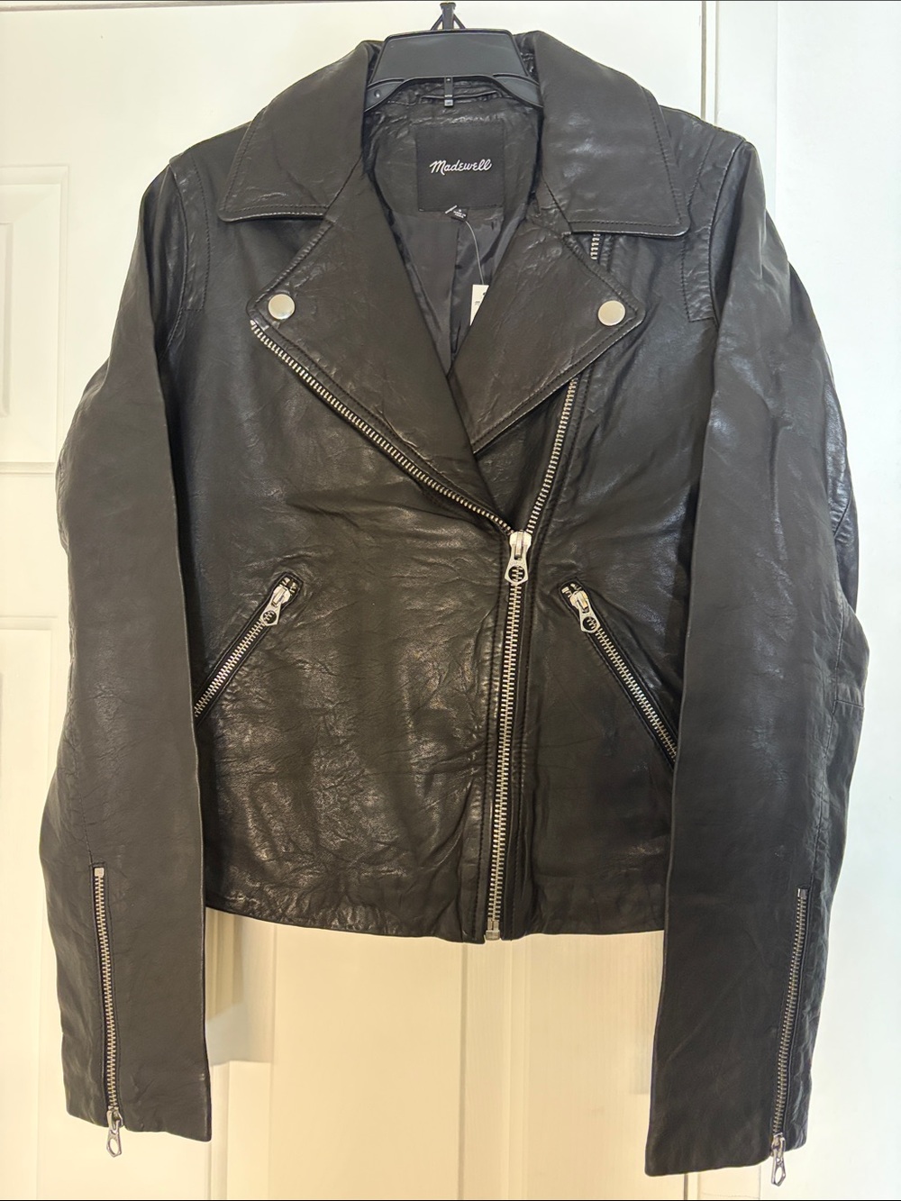 NWT Madewell Women's Black w/ Silver Hardware Washed Leather Motorcycle Jacket